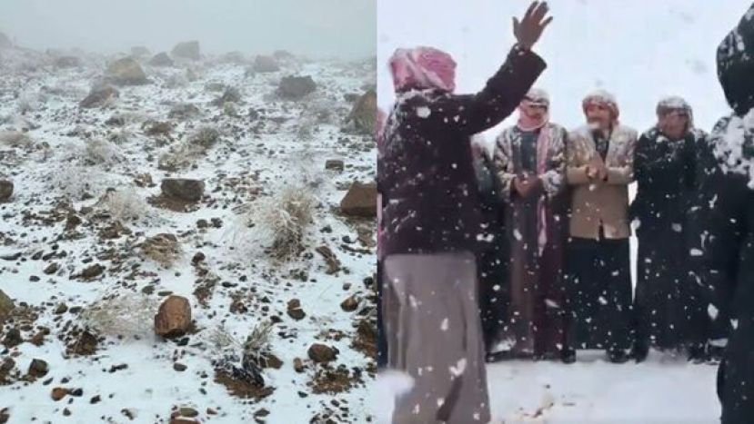 沙乌地阿拉伯下雪了，居民兴奋舞动。