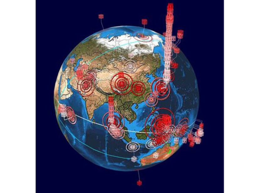 日本地震3D图像堆叠到冲破天际线。