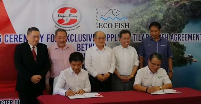 舒戈邦速食连锁公司总经理张建龙(前左一)与Borneo Ecofish有限公司执行董事经理许忠康(前右一)签署巴当艾富贵鱼供应合约,后排左起为古晋南市市长的拿督黄鸿圣、砂农业现代化、砂土著地发展助理部长拿督罗兰沙加、砂副首长拿督阿玛道格拉斯、砂地方政府与房屋部长拿督斯里沈桂贤及砂农业助理部长阿都拉曼依斯迈尔。