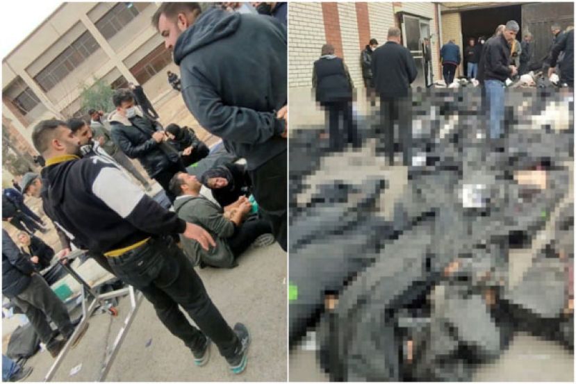 伊朗示威，法医中心外的地上排满以黑色尸袋包裹的尸体。