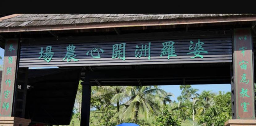 图示：婆罗洲开心农场的主要入口，两旁写有农场的座右铭&ldquo;奉自然作宗师，以宇宙为教室&rdquo;。