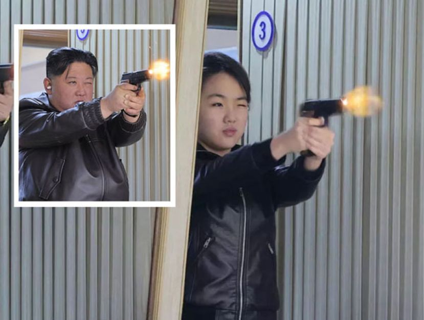 金正恩带着女儿一同视察军需工厂，金主爱在室内射击场试射。